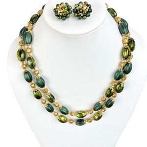 Hong Kong Beaded Jewelry Set Necklace Earrings Two Toned Green Clip On Gold Tone